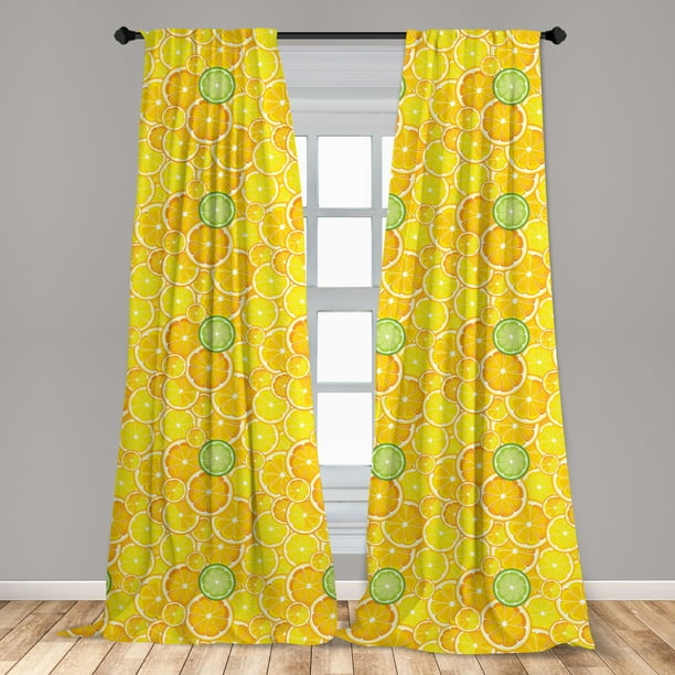 Yellow Curtains 2 Panels Set Lemon Orange Lime Fruit Citrus Round Cut Circles Big And Small Pattern Window Ds For Living Room Bedroom 56 W X 84 L White Green By Ambesonne Yellow Curtains 2 Panels Set Lemon, Lemon Green Curtains