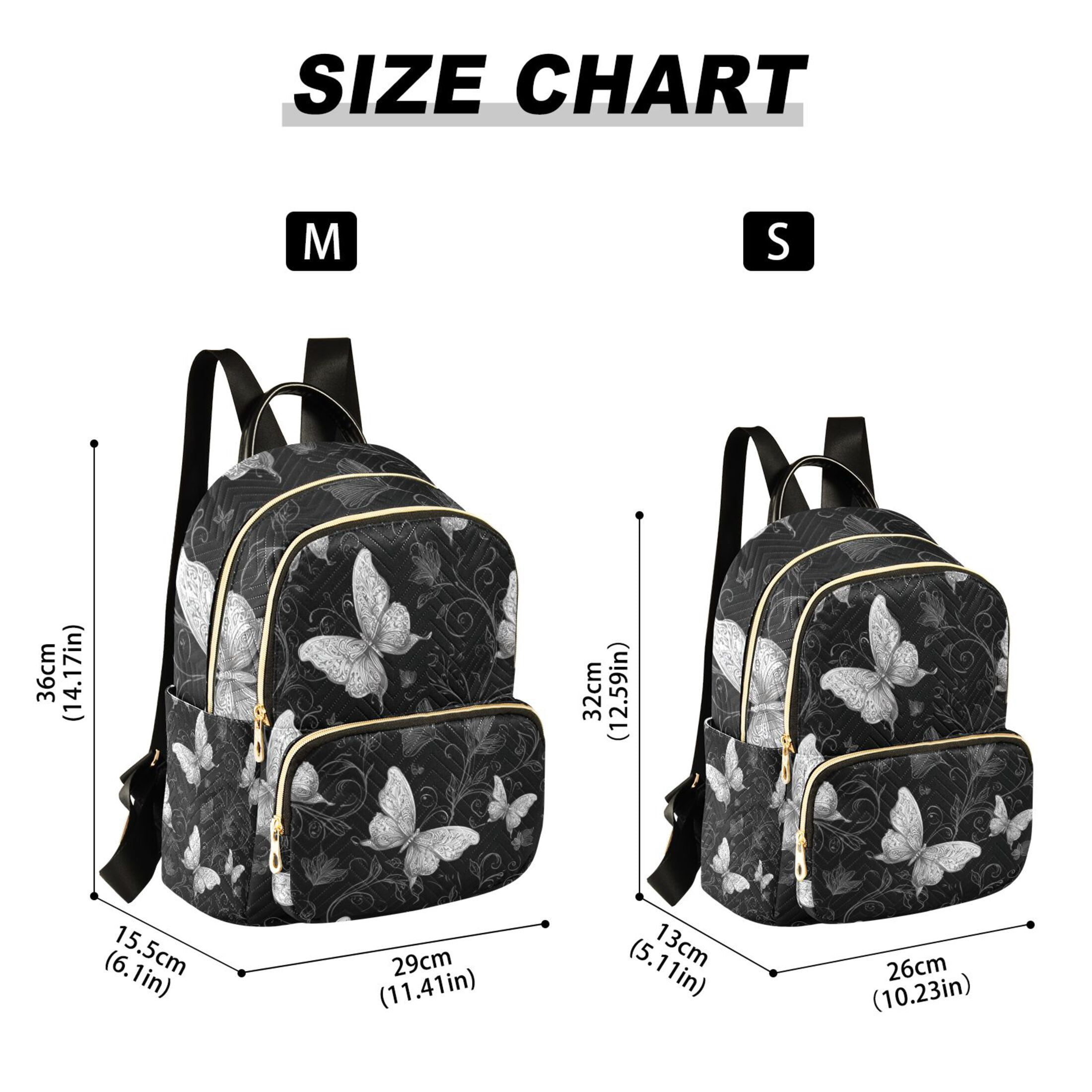 Gray Butterflies Flowers on Black Background Quilted Backpack Fashion Daypack Commuter Bag for Women 14 L
