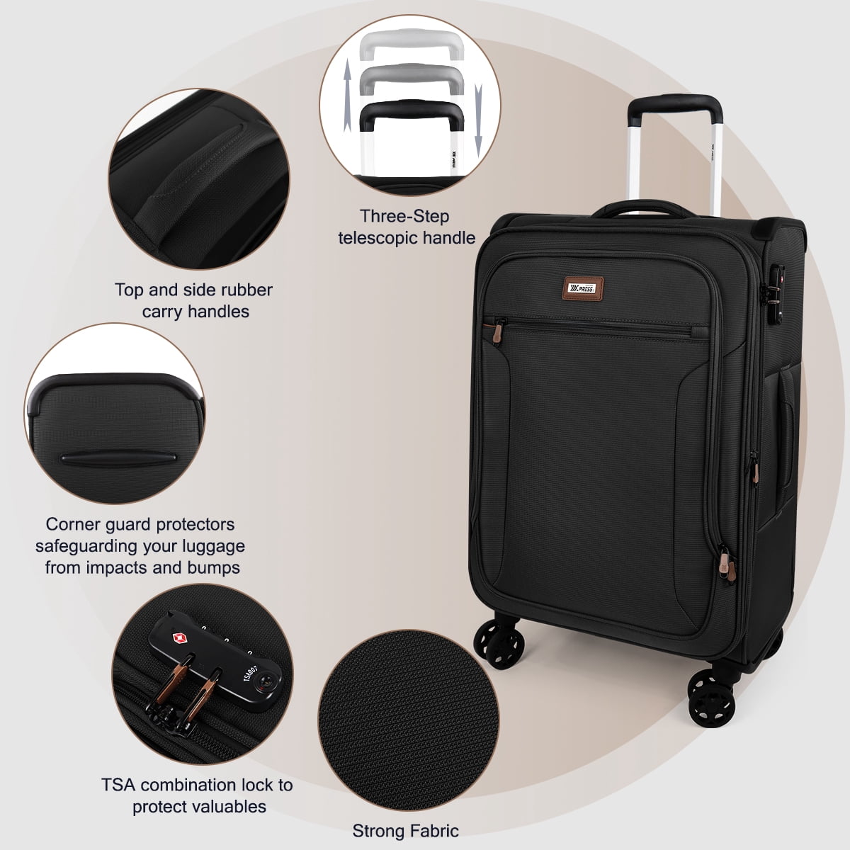 3 Piece Softside Luggage Set, Expandable Soft Shell Spinner Luggage with Front Opening, Lightweight Durable Suitcase TSA Lock Approved, 20"/26"/28", Black(XJ1097)