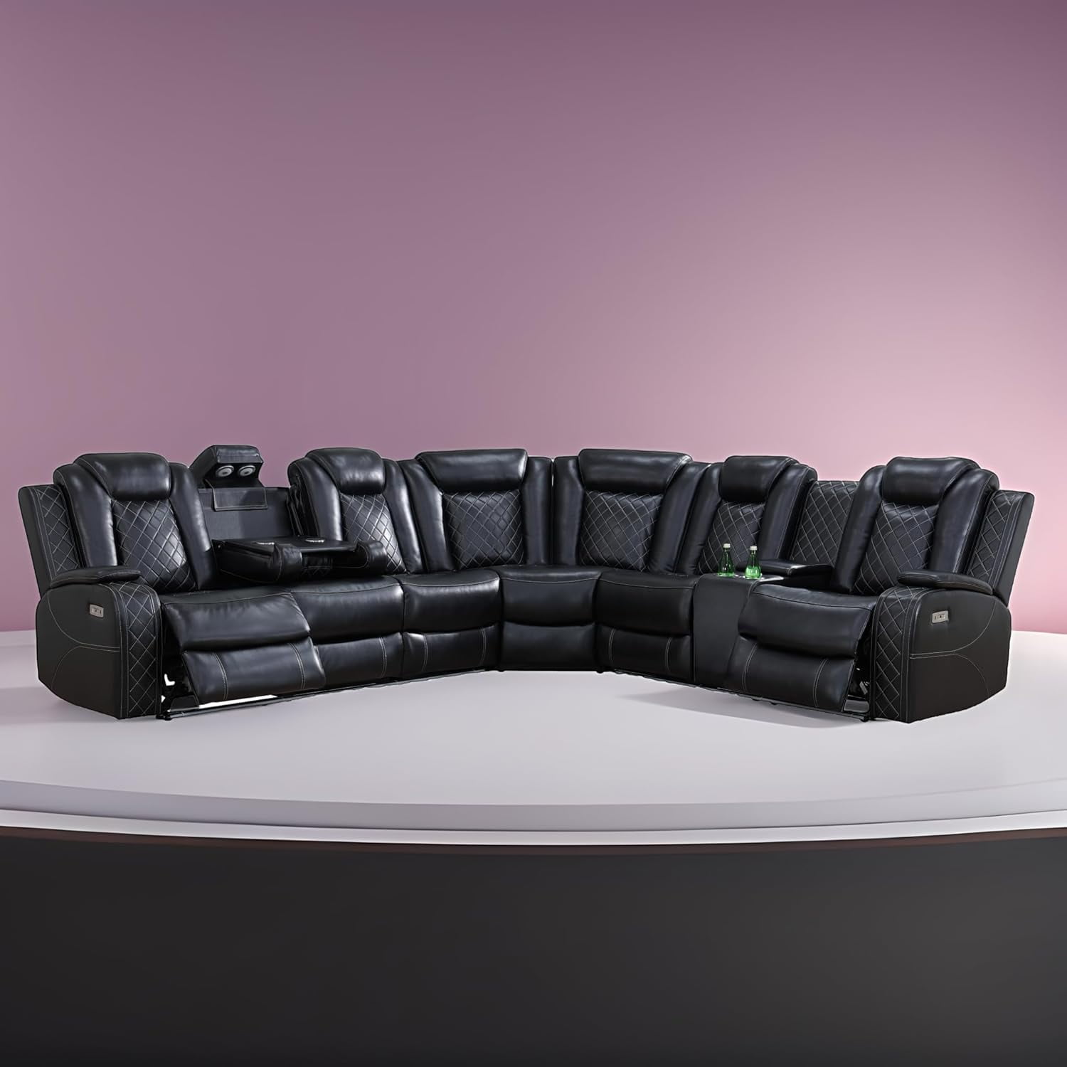 Luxurious Black Leather Sectional Sofa Set with LED Lights, Cup Holders, USB Port - Power Recliner & Storage Consoles Modern Style Comfortable Living