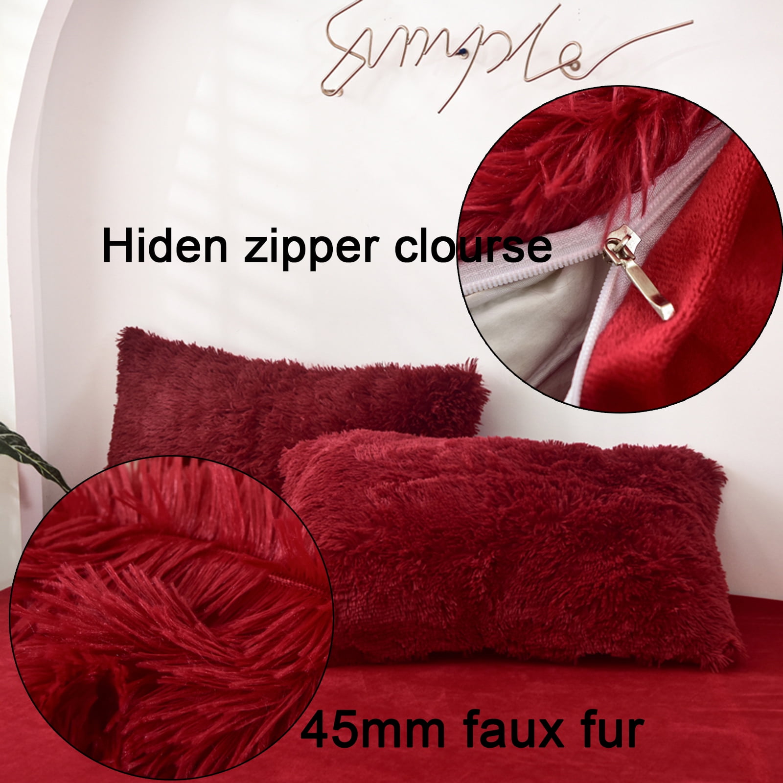 MorroMorn Decorative Pillows Covers, 2 Packs Faux Fur Pillow Cases Standard Size, Luxury Shaggy Throw Pillowcase Cushion Shams with Zipper Home Decor for Couch Sofa Bed Room Soft (Dark Red, Standard)