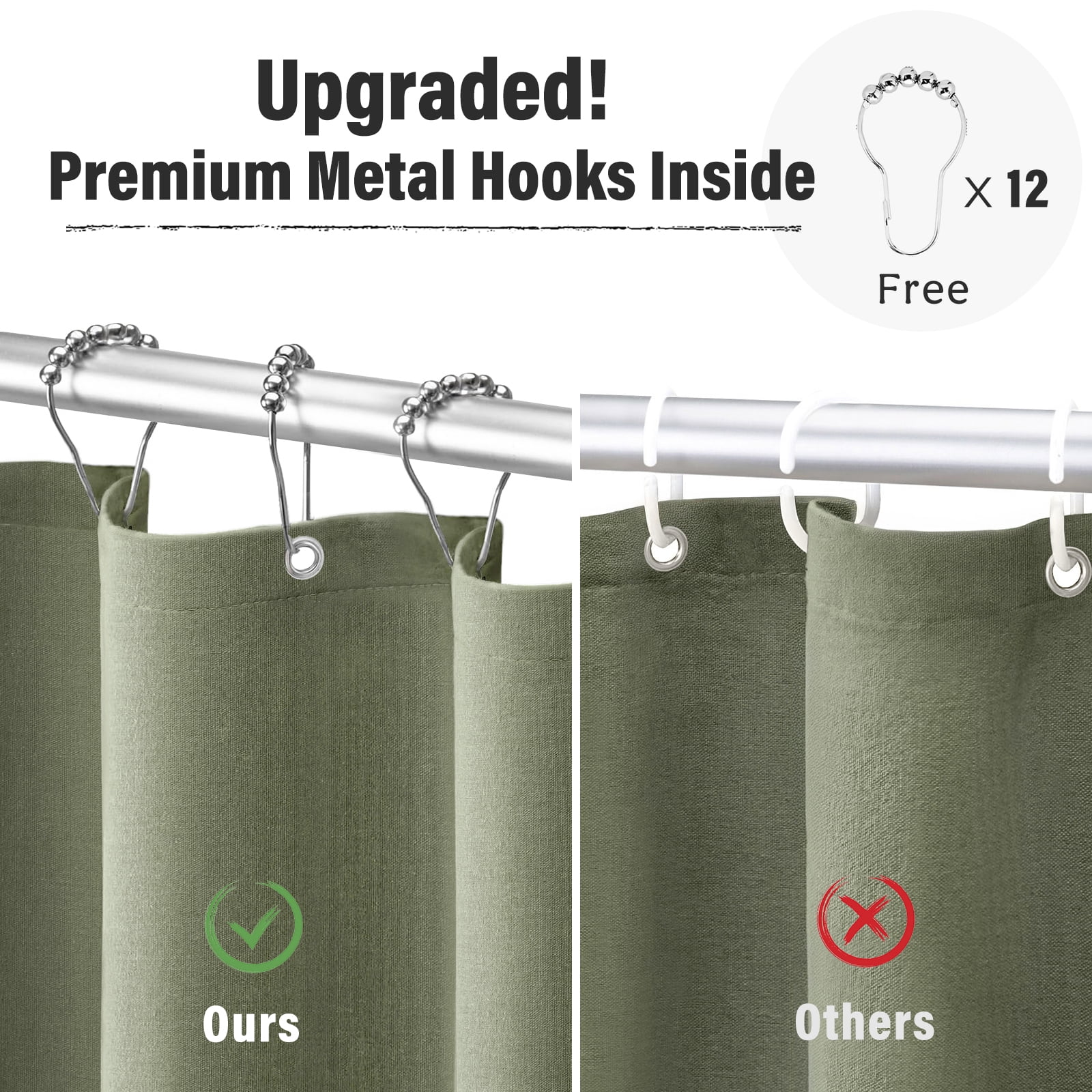 NixiYa Green Linen Shower Curtain Farmhouse Heavy Duty Fabric Shower Curtain for Bathroom,72"x72"