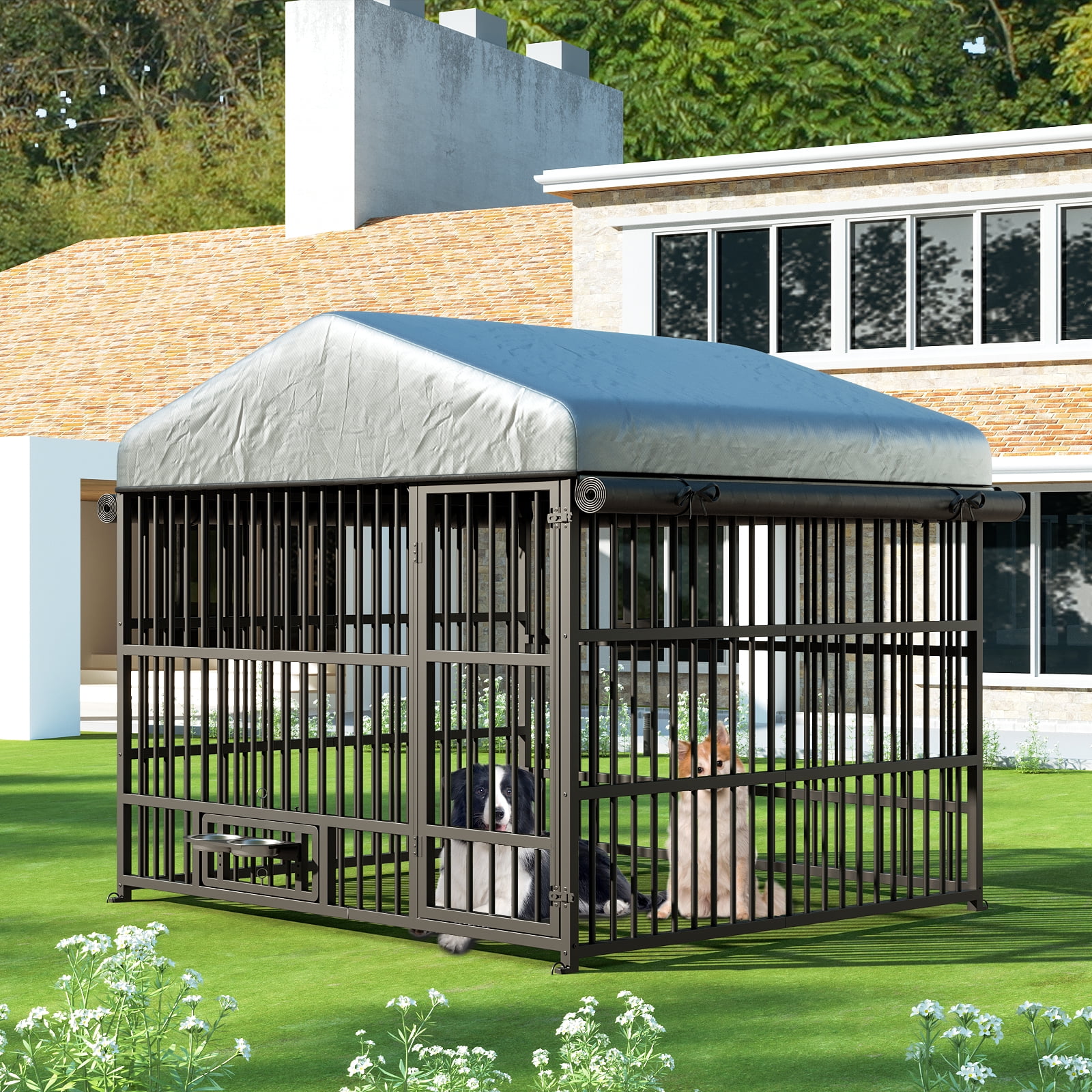 HOOBRO Outdoor Dog Kennel with Cover, 6.6 x 6.6 x 6.4 ft Dog Kennel Outside with Waterproof Roof and Rotating Feeding Bowls, Heavy-Duty Large Cage Enclosure, for Medium & Large Dogs, Black BK220GW03