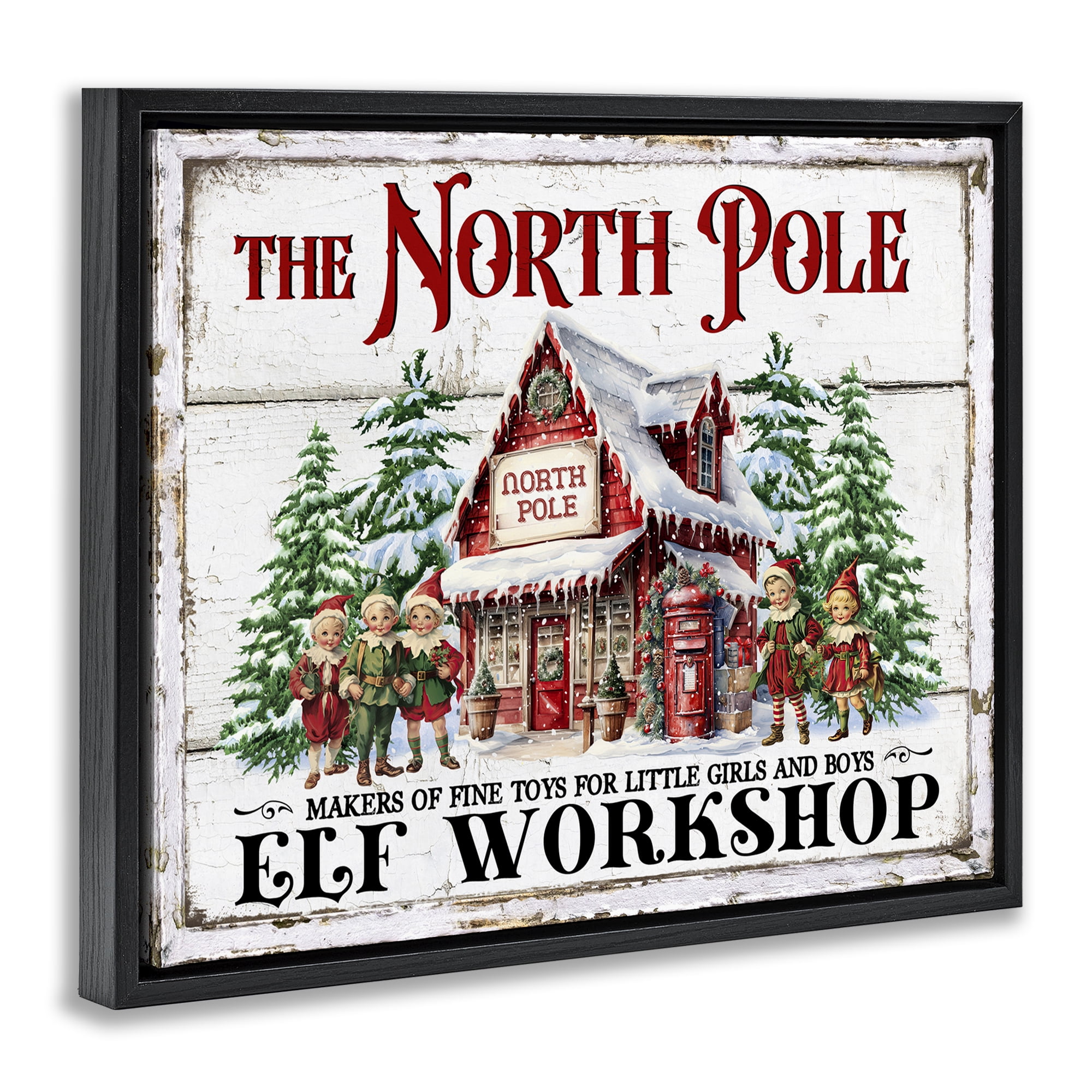 Stupell Industries North Pole Workshop Holiday Painting Black Floater Framed Canvas Art Prints Wall Art, 31 x 25