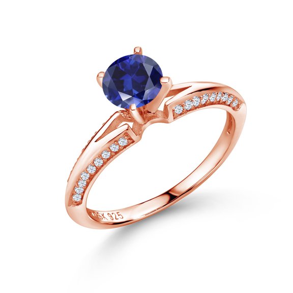 Gem Stone King 1.58 Ct Round Blue Created Sapphire 18K Rose Gold Plated Sterling Silver Ring (Size 9)
