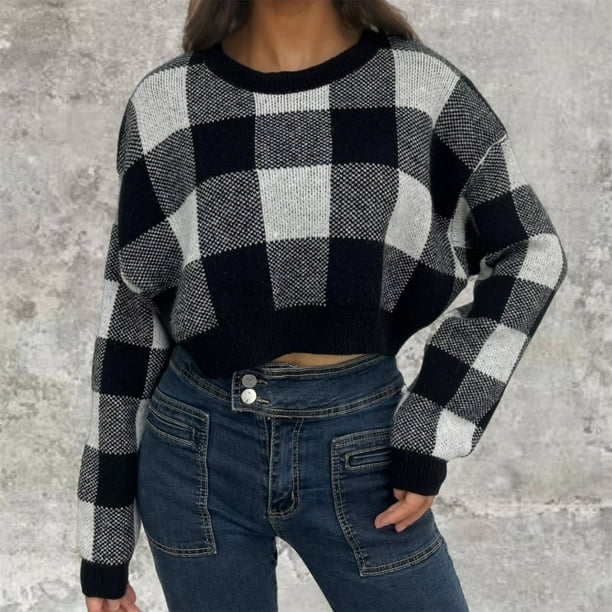 Suéter de cuello redondo para mujer, suéter de punto holgado con cintura alta, a cuadros, con ombligo descubierto y cintura ceñida, suéter de cuello redondo para mujer, top acrílico