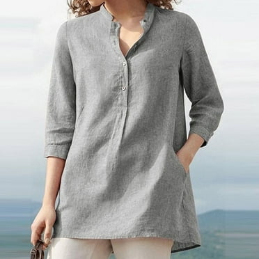 women blouses summer cotton blouse solid color leisure hollow O-neck 3/ ...