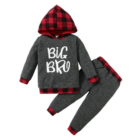 

Canrulo Kids Baby Boys Plaid Print Clothes Set Boy Hooded Romper Pants Autumn Outfits Big Brother 3-6 Months
