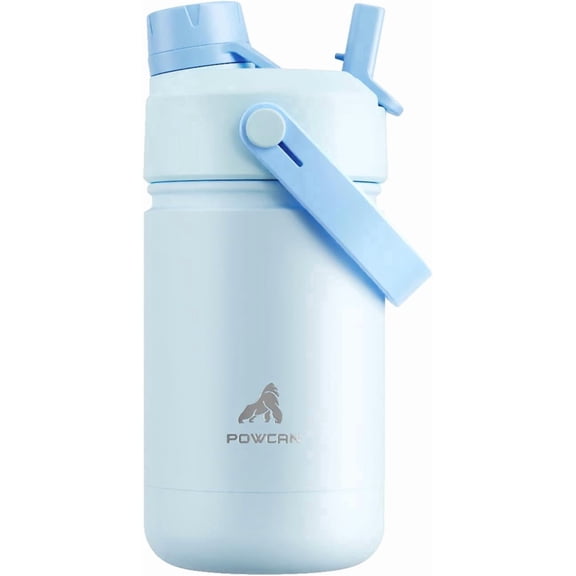 POWCAN 12 oz Kids Insulated Stainless Steel Water Bottle, 2-in-1 Straw & Spout Lid, Leak-Proof, Keep Cold 24H, BPA-Free Tumbler for School, Sports, Travel, Gift (Sea Breeze)