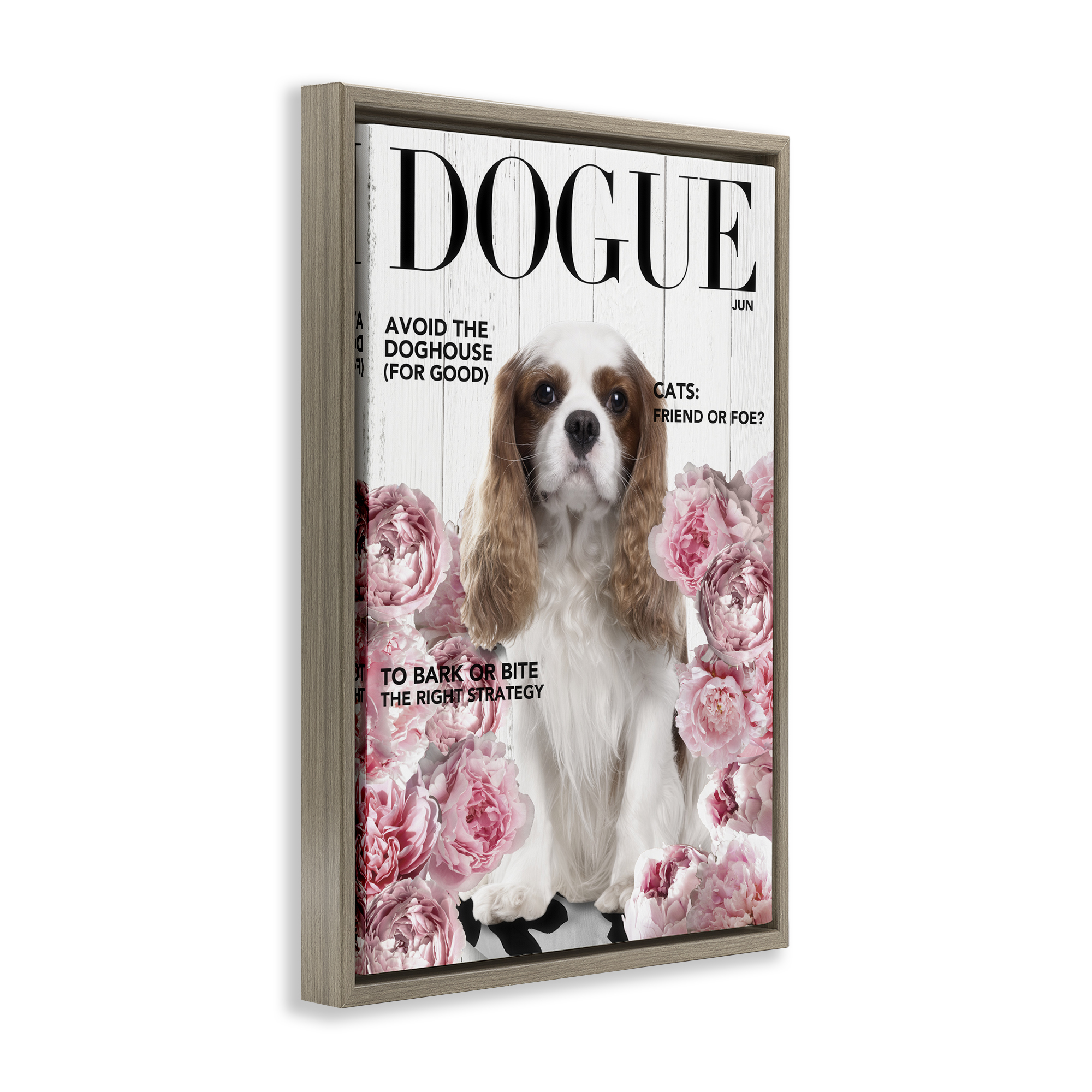 Funny Floral Dog Magazine Brown Framed Floater Canvas Wall Art, design by Sasha