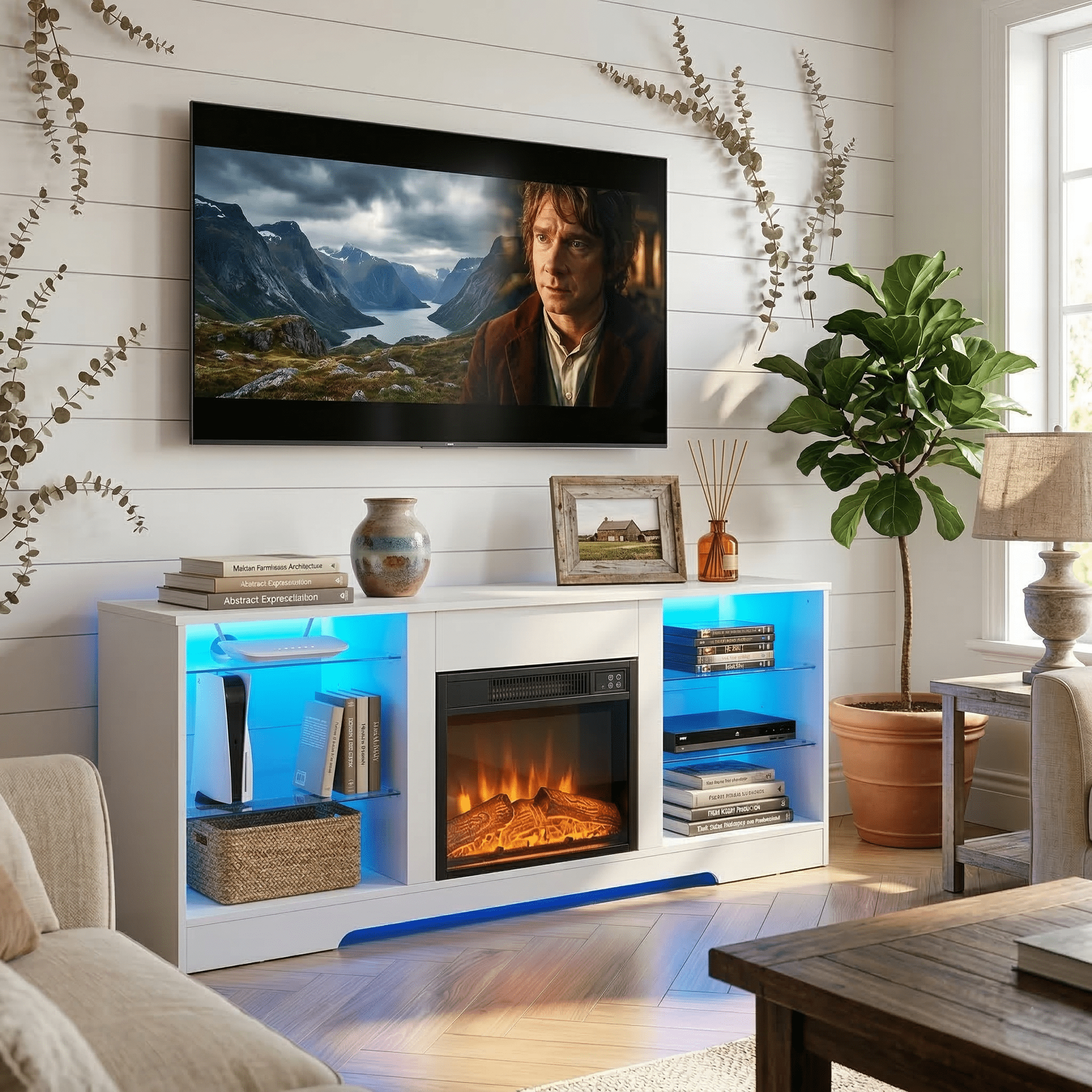 Homy Casa 58 Inch Electric Fireplace TV Stand for 65 Inch TV with Storage Cabinets, LED Flame and Power Outlets
