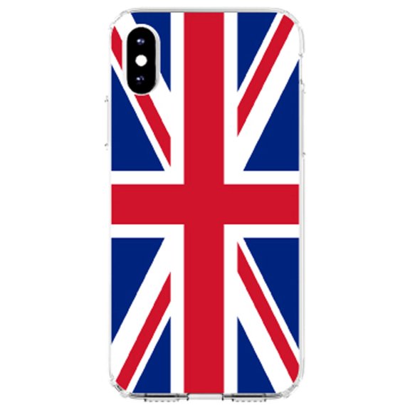 DistinctInk Clear Shockproof Hybrid Case for iPhone XR (6.1" Screen) - TPU Bumper, Acrylic Back, Tempered Glass Screen Protector - Red White Blue British Flag UK - Show Your Love of the UK