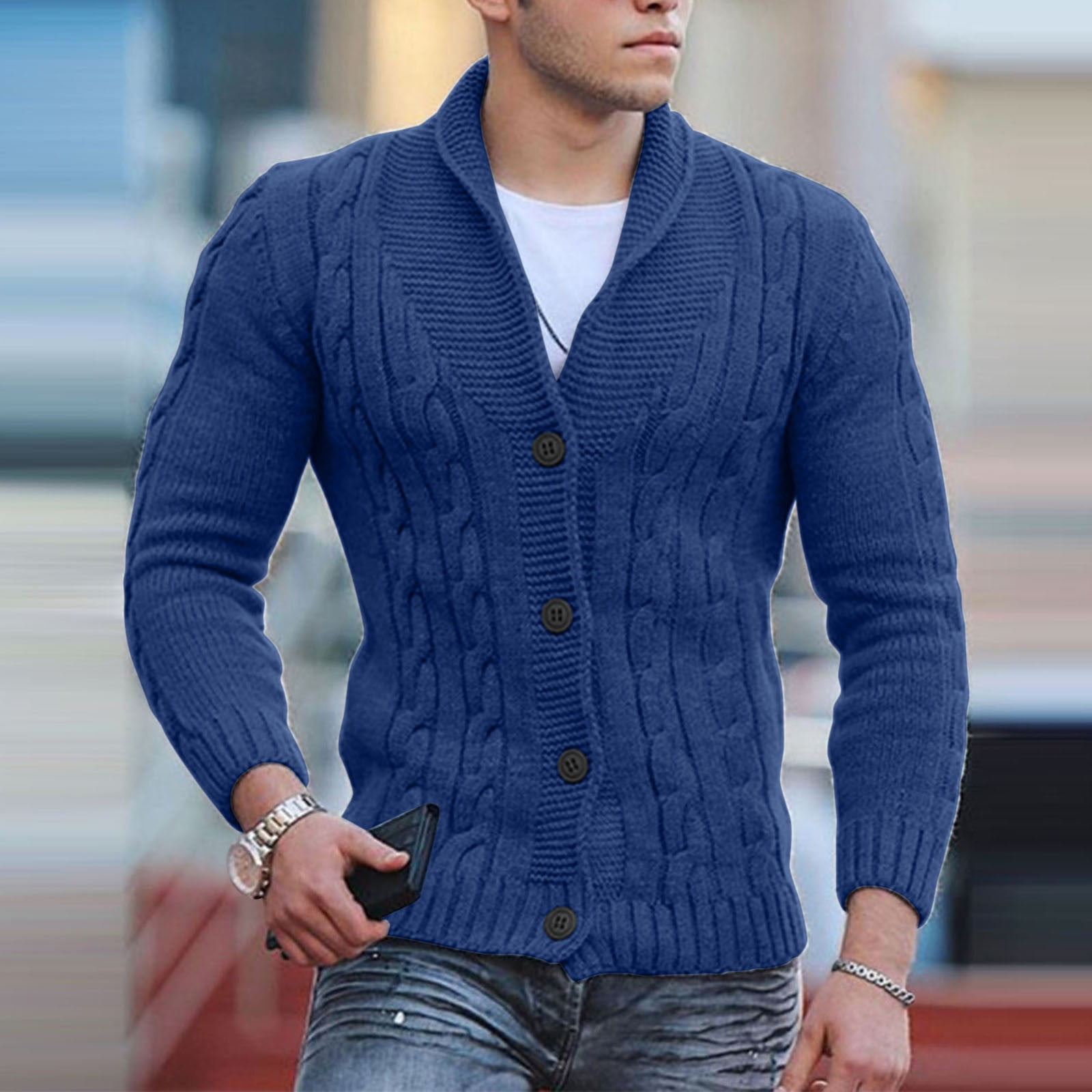 Blue Mens Cable Knit Cardigan Sweater Shawl Collar Loose Fit Long ...