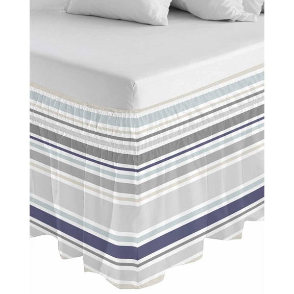 Gray Stripe Wrap Around Bed Skirts for California King Bed 16" Drop,Bed Skirt with Adjustable Elastic Belt Dust Ruffle Bed Valance Modern Abstract Art Navy Blue Striped Rustic Bed Frame Cover