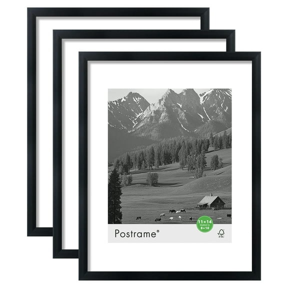 Postrame 11x14 Matted to 8x10 Picture Frame, Black Linear Gallery Wall Photo Frame, Set of 3