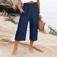 thumbnail image 2 of Cmtiyu Linen Pants Women Elastic Waist Wide Leg Capri Pants with Pockets Casual Loose Outdoor Cropped Pants S-2XL, 2 of 7