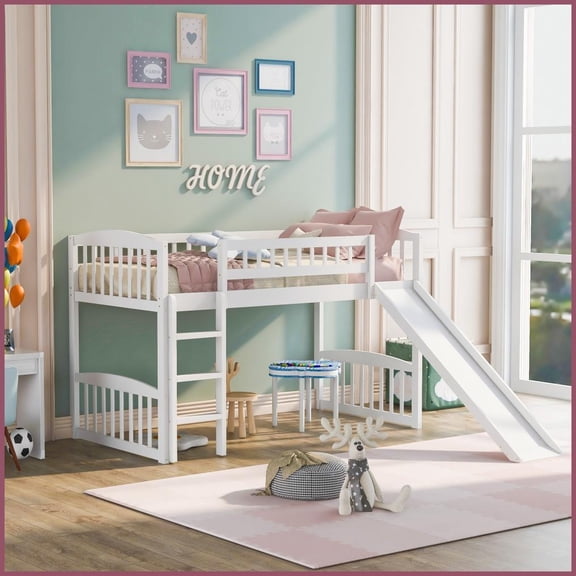 Twin Size Solid Pine Wood Loft Bed with Slide & Ladder - White, No Box Spring Required