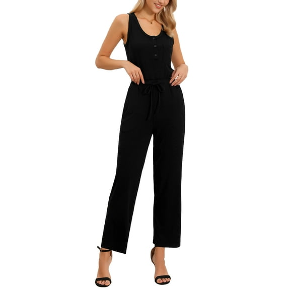 INSPIRE CHIC Jumpsuits for Women Dressy Casual Jumpsuit Sleeveless Crew Neck Knit Wide Leg Rompers Jumpers Summer Outfits XS Black