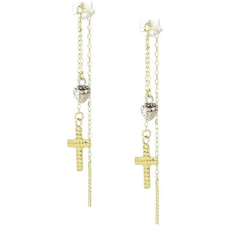 American Designs 14kt Yellow and White Gold Two-Tone Diamond-Cut Cross Religious Puffed Heart Love Dangle and Drop Threader Earrings