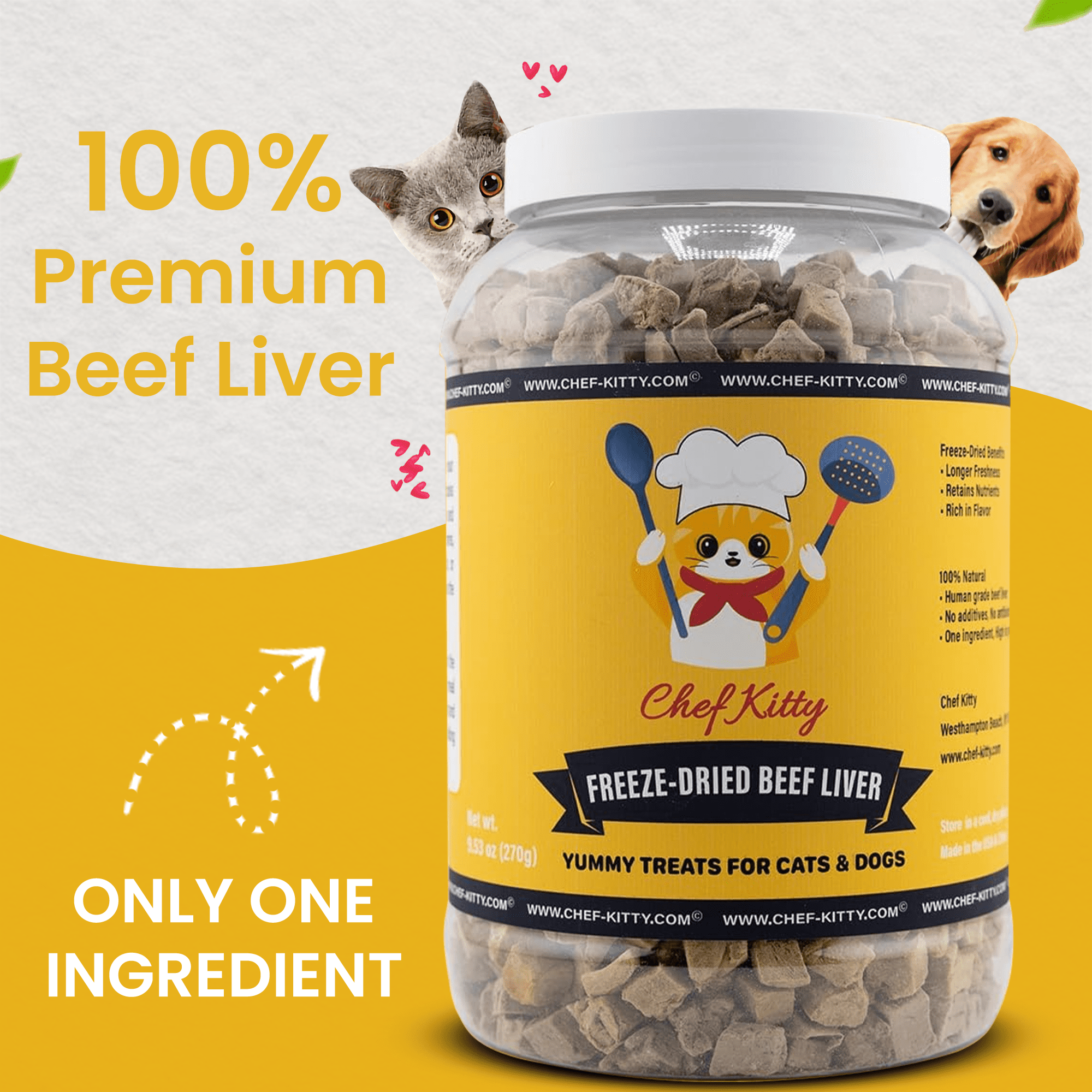 Chef Kitty Beef Liver Freeze-Dried Treats for Cats and Dogs, 3.4 oz Bottle