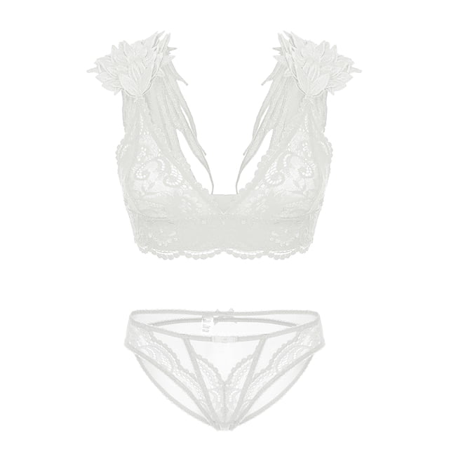 Soutien-Gorge Léger Triangle Mignonne à Bretelles Réglables avec Ailes et Dentelle Culottes Bikini pour Femmes
