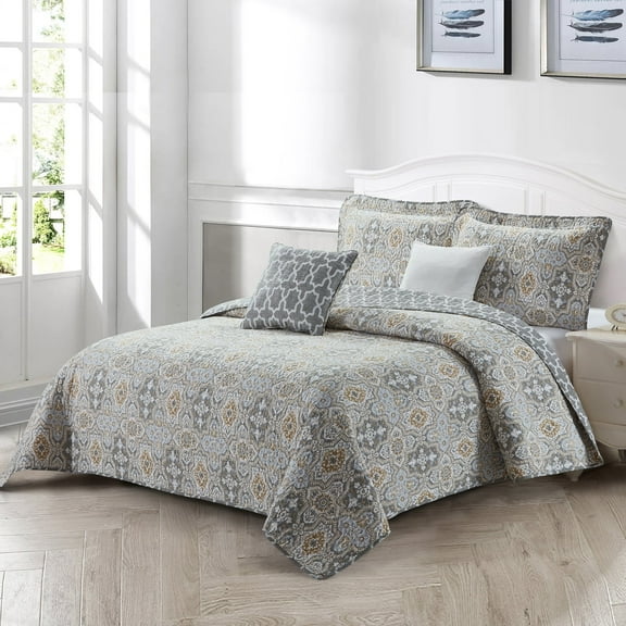 Home Soft Things 5 Piece Printed Microfiber Quilt Set - Lanza - 102" x 90"