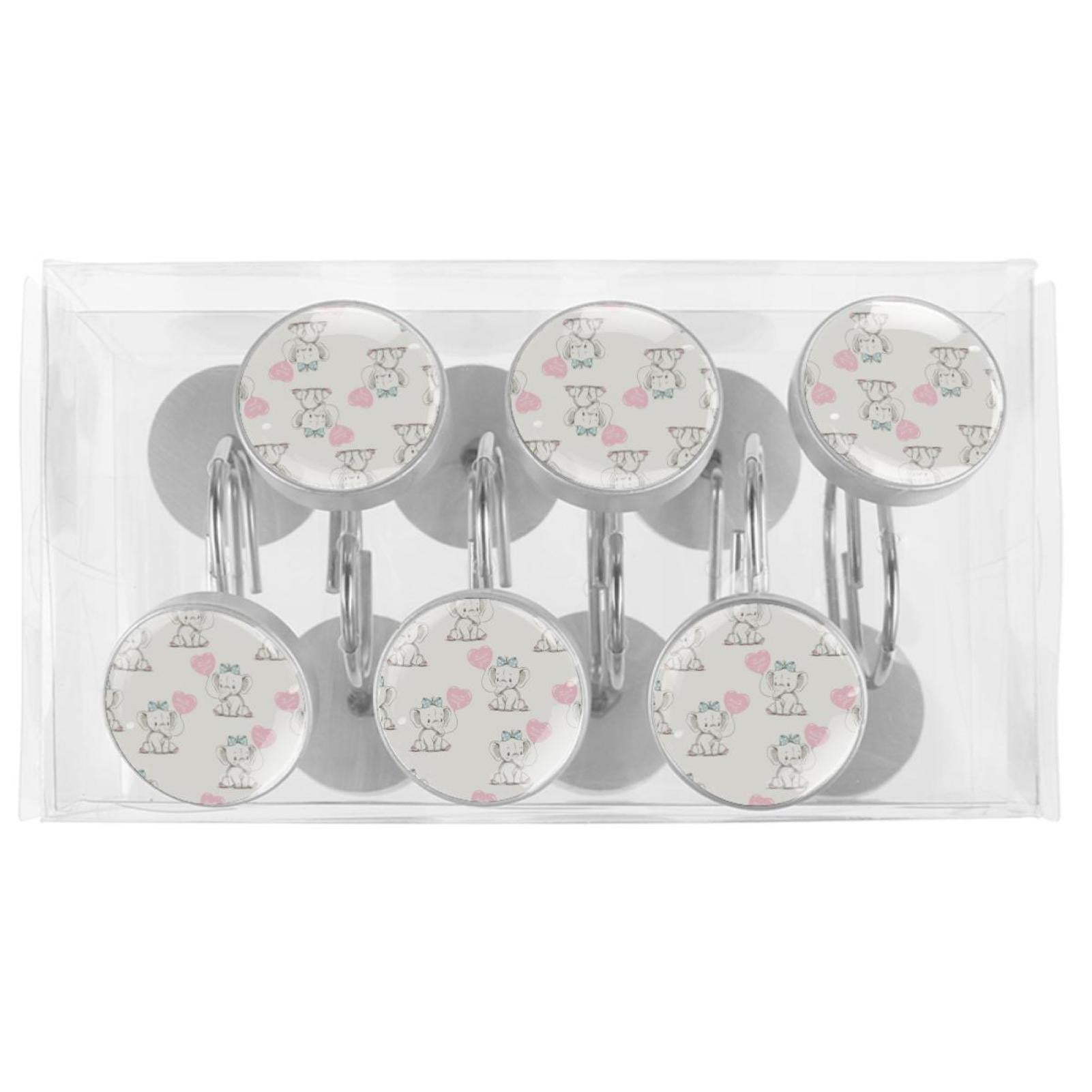 Elephant Shower Curtain Hooks （Set of 12） for Home Hotel Shower Rods Bathroom Crystal Glass Print Stainless Steel Round Curtain Hooks
