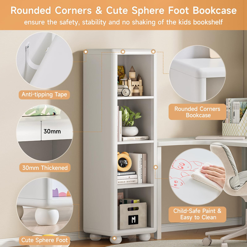 Tall Wooden Bookshelf, 4 Cube Bookcase with Sphere Foot, Freestanding Storage Cabinet, Sturdy Kids Storage Organizer for Living Room Bedroom Playroom Kitchen Bathroom
