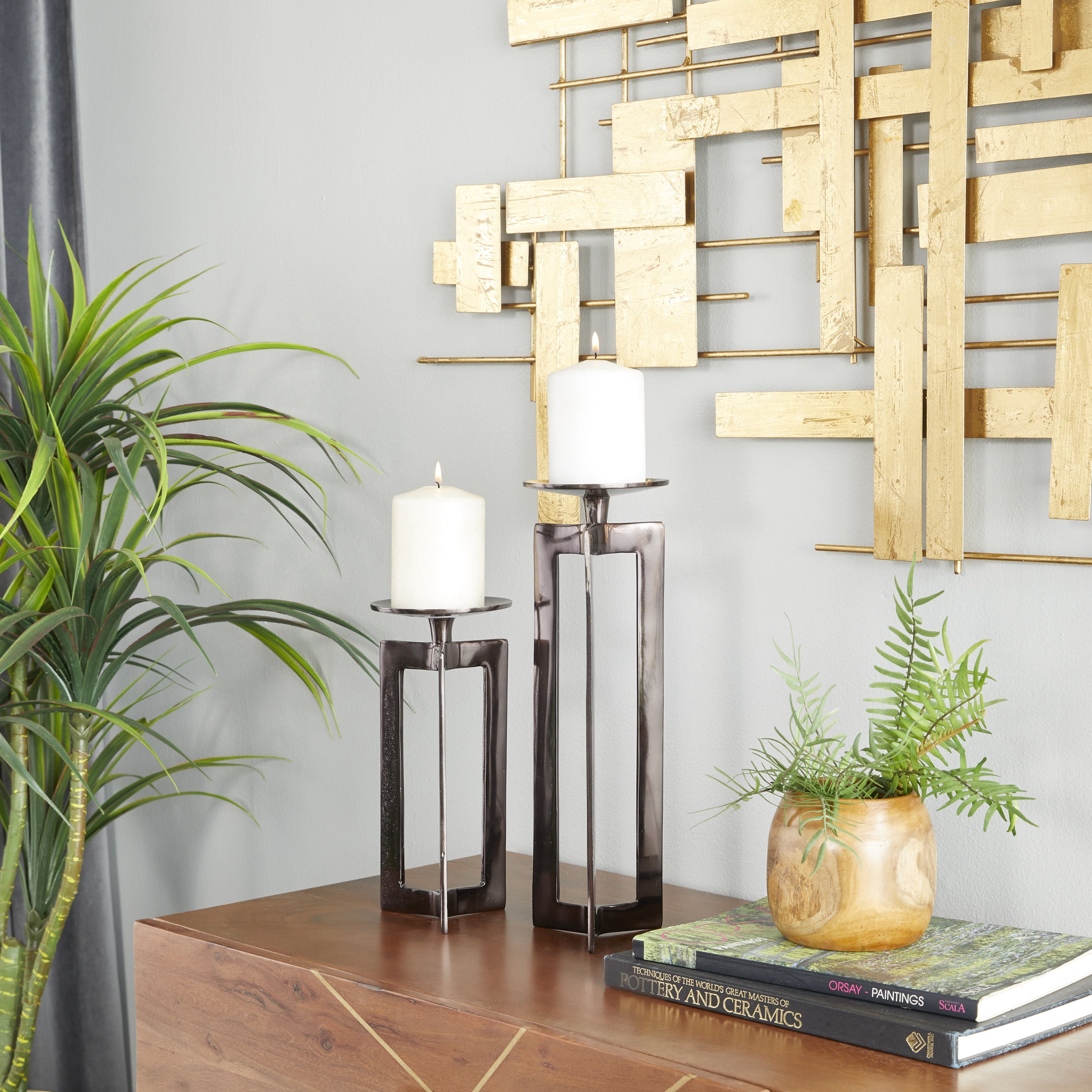 CosmoLiving by Cosmopolitan 2 Candle Bronze Aluminum Geometric Pillar Candle Holder, Set of 2