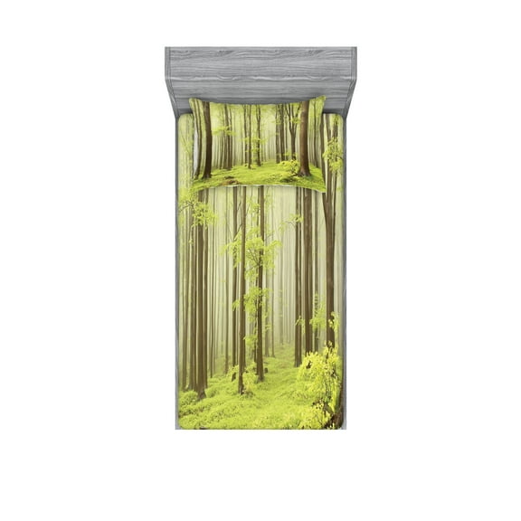 Ambesonne Forest Fitted Sheet & Pillow Sham Set, Misty Spring Nature, Twinxl, Green Beige