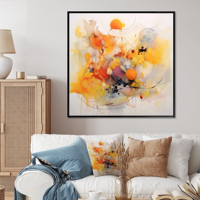 Designart Abstract Minimalism framed wall art decor, Minimalism framed wall art, Whirling Colors in Orange and Yellow I , Extra large Modern black framed wall art, 40x30 inches black frame