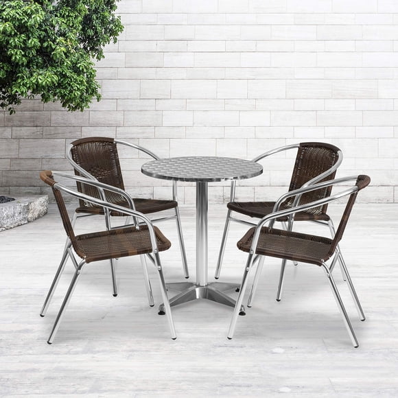 Juego De Mesa Redonda De Aluminio Para Interior Y Exterior De 23,5'' Con 4 Sillas De Ratán Marrón Oscuro