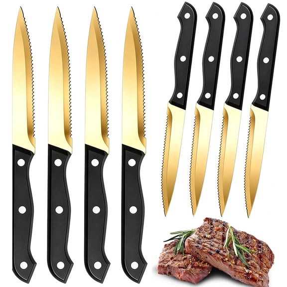 TVQUYET Serrated Steak Knives Set of 8, 8 Piece Golden Kitchen Knife Stainless Steel Cutlery Set, Wedding Restaurant Meat Cutting Small Cooking Knife for Camping BBQ Vegetable,Bread