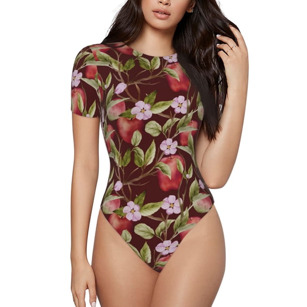 Fotbe Leaf And Fruit Body de Mujer con Cuello Redondo y Mangas Cortas, Sin Mangas Ajustado, Suave, Cómodo y Básico-X-Large