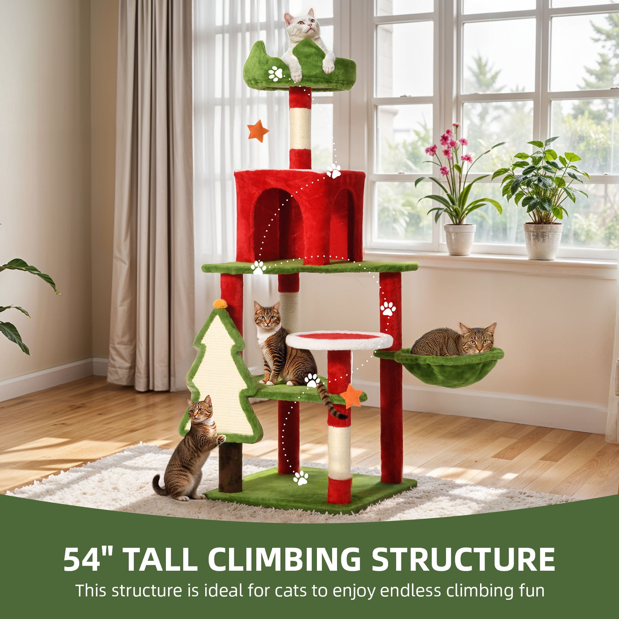 Uforic 54" Christmas Cat Tree Tower with Hammock, Sisal Scratching Posts and Top Perches ,Cat Condos for Indoor Cats