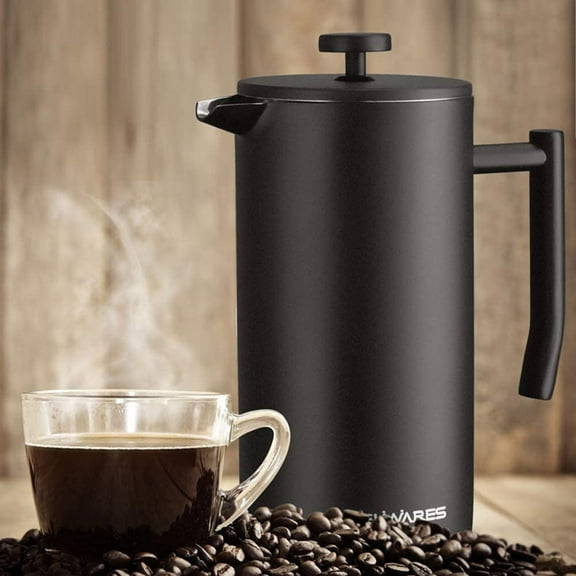 French Press Coffee Maker 50 OZ - Large Insulated Stainless Steel 304 Coffee Press with Double Wall & 4-Level Filtration System (Black - 1.5L)