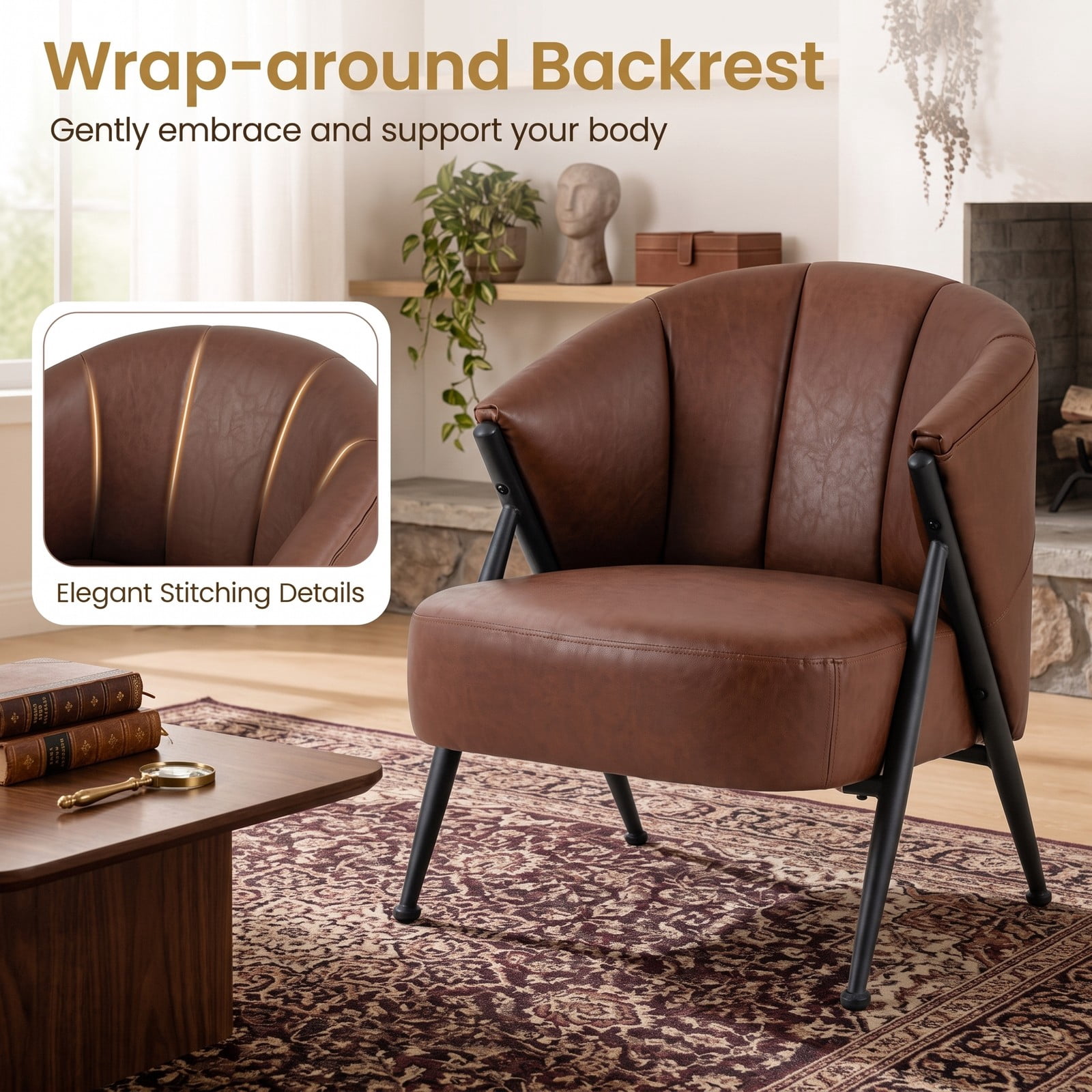 Furnibear Mid Century Modern Accent Chair, Comfy Upholstered Armchair with Curved Backrest and Wide Seat, 352 lbs Capacity Reading Lounge Chair for Living Room, Brown