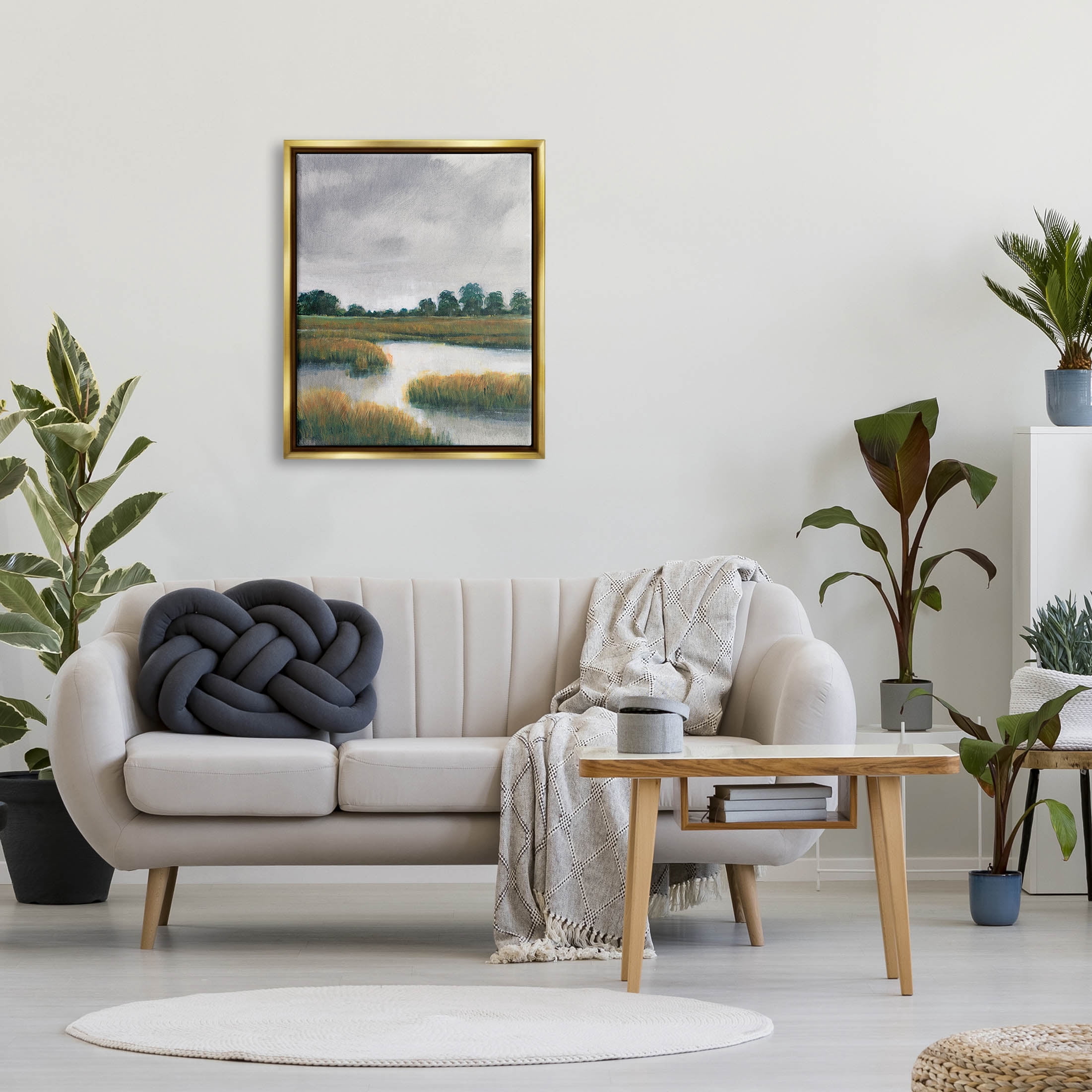 Stupell Industries Cloudy Rural Marsh Landscape Painting Metallic Gold Floating Framed Canvas Print Wall Art, Design by Tim OToole