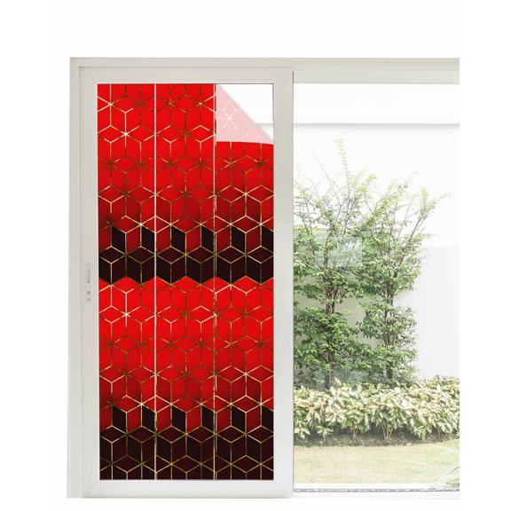 Window Privacy Film Red Geometric Stained Glass Window Film Decorative Sun Block Window Cover Gradient Black Gold Mottled Comb Grid Window Clings Static Adhesive Sticker for Bathroom 35.4"x78.7"