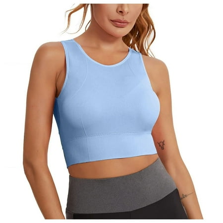 Ukumplol Sports Bras for Women Sports Bra Longline Full Coverage Bras Medium Impact Padded Workout Crop Tops for Yoga Gym Women Tank Tops Workout Tank Tops Woman Sleep Bras for Women Blue L