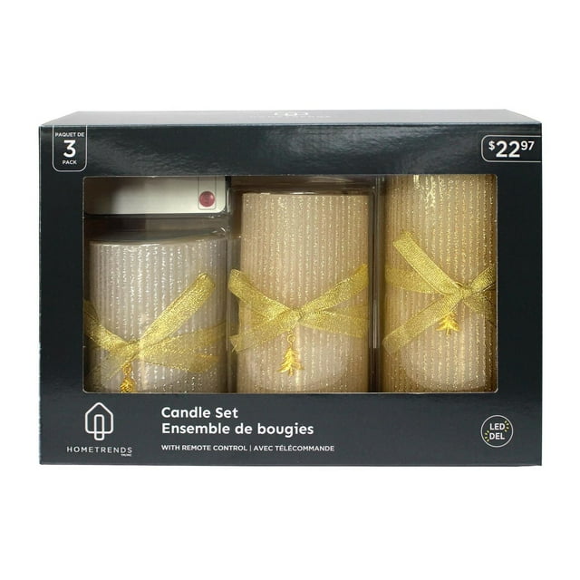 Hometrends Gold Glitter Ribbed LED Pillar Candle Set with Tree Charm and Remote Control