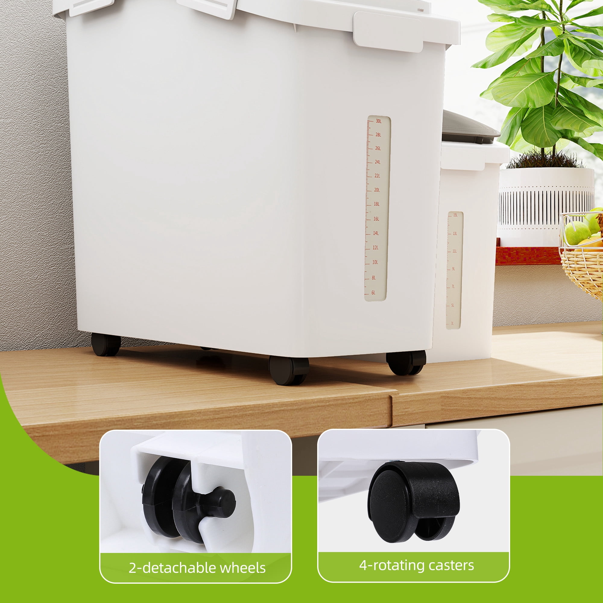 Uforic Ingredient Storage Bin with Measuring Cup & Scoop, Rice Storage Container Set of 2, 11.4 & 5.8 Gal Organizer Storage Bin, Large Flour Storage Container with Wheels, for Kitchen, White & Black