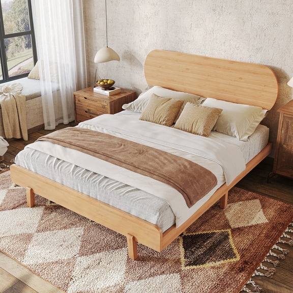 HICOMILA Queen Size Bamboo Platform Bed Frame with Rounded Headboard, Queen Size Solid Wood Bed with Slats Support, Low Profile Modern Bed Frame, No Box Spring Needed, Natural Finish for Bedroom