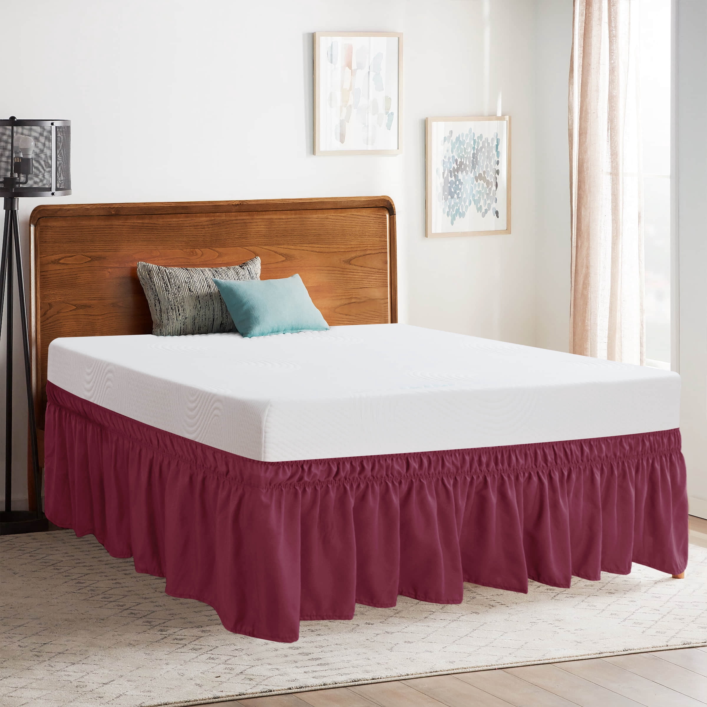Subrtex Bed Skirt Wrap-Around Dust Ruffle Elastic 16 Inch Bed Cover, King, Wine