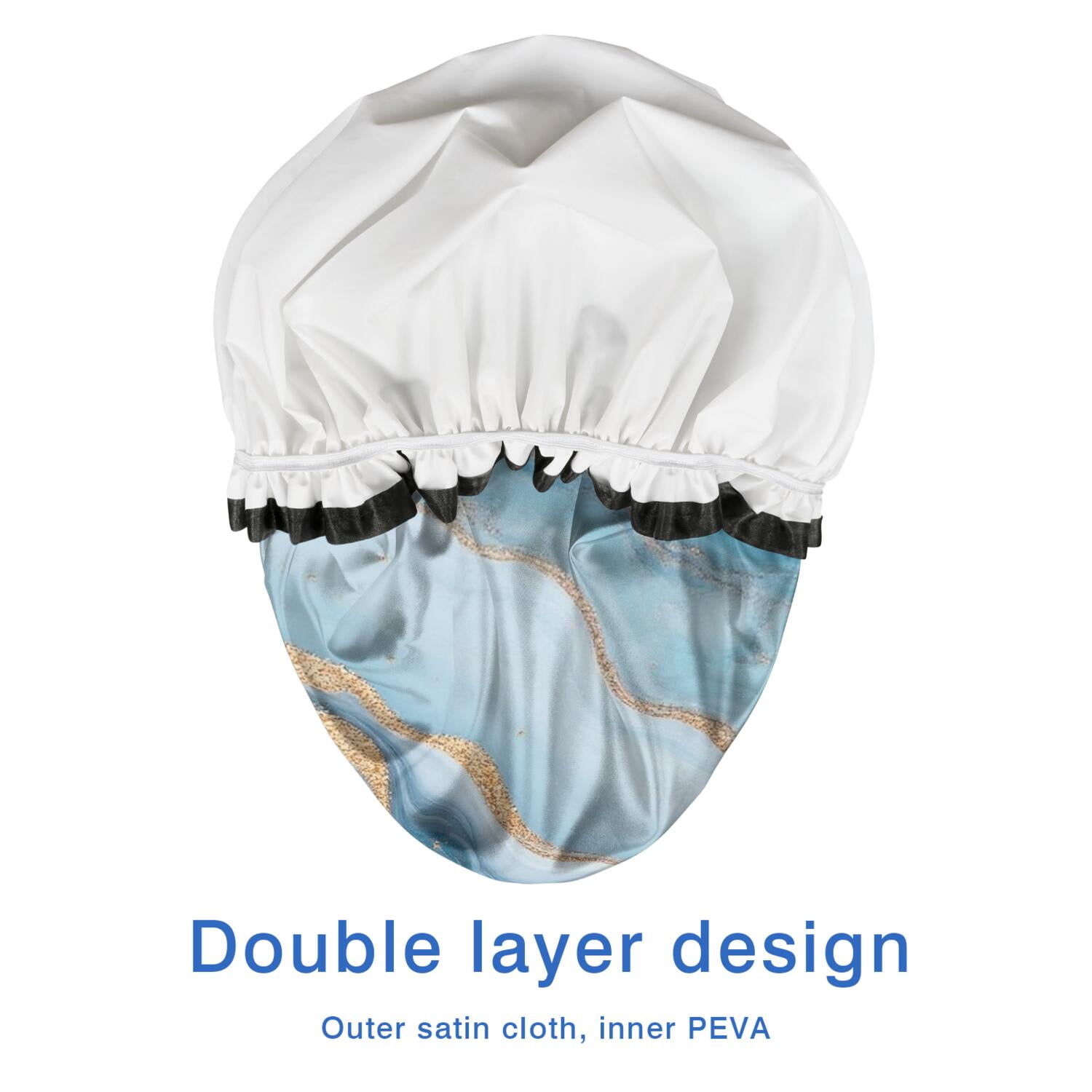 Shower Caps,Blue Marble Gold Wave Pattern Waterproof Shower Cap for Women 4 Pieces,Double Reusable Hair Cover for Shower PEVA Elastic Stretch Hem