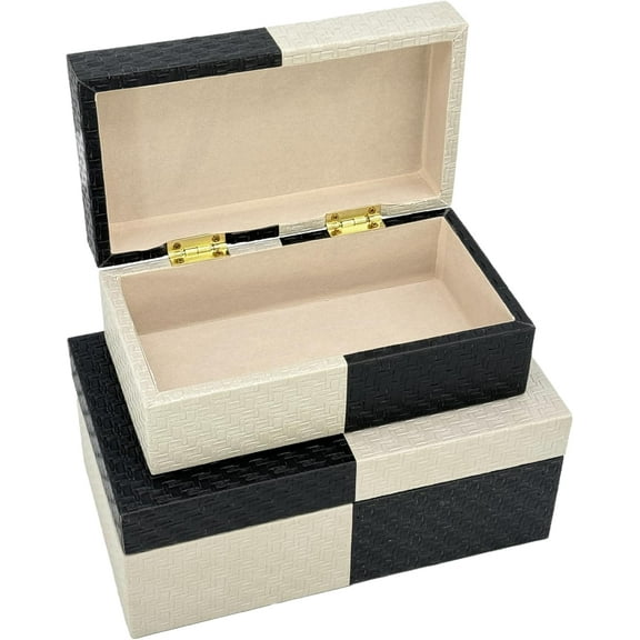 Vegan Leather Decorative Storage Boxes Large & Small Box w/Hinged Lid - Black & Tan Checkered Leather Design