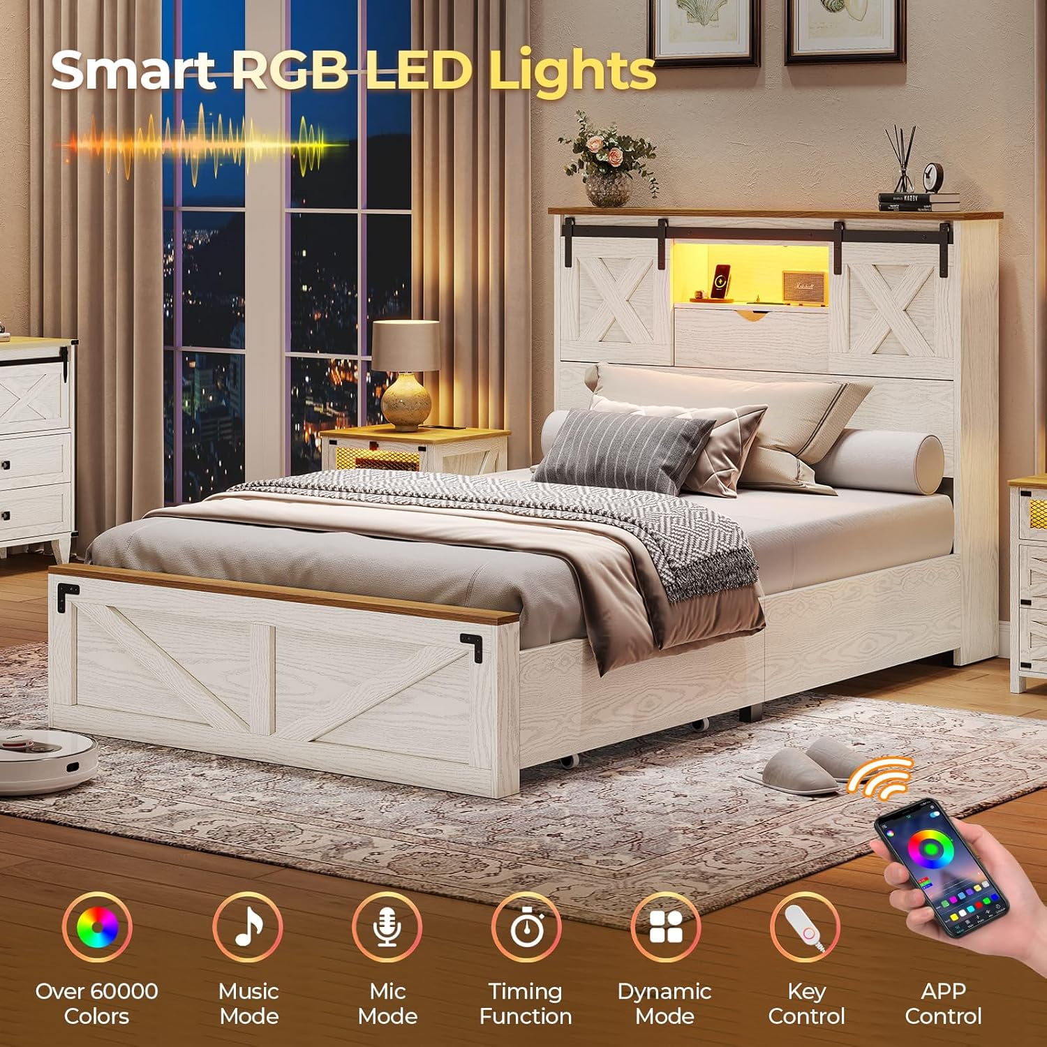 Farmhouse Twin XL Size Bed Frame with LED Lights, Charging Station, Wooden Twin XL Bed with Storage Bookcase Headboard, 2 Drawers, Country Rustic Bed Frame with Sliding Barn Door,White