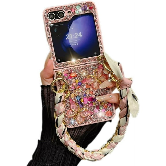 for Samsung Galaxy Z Flip 5 Case with Silk Scarf Wristband Chain, Radiant Sparkle Bling Glitter Theme, Cute Bling Butterfly Slim Shockproof Case Cover for Samsung Z Flip 5 for Woman