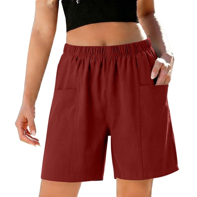 Shorts Bermuda para Mujer - Shorts Casuales de Verano de Pierna Ancha con Cintura Elástica, Tipo Pull on, con Bolsillos, Rojo XL