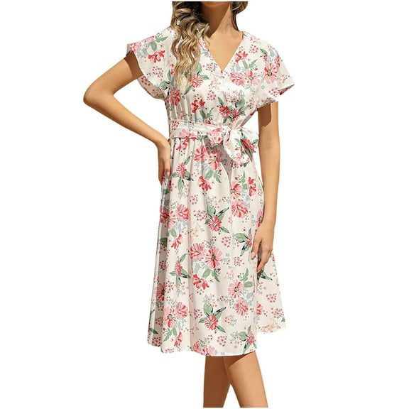 Ichaunyi Summer Dresses Fashion Women Summer Casual Bandage Floral Print Short Sleeve Sexy Dress